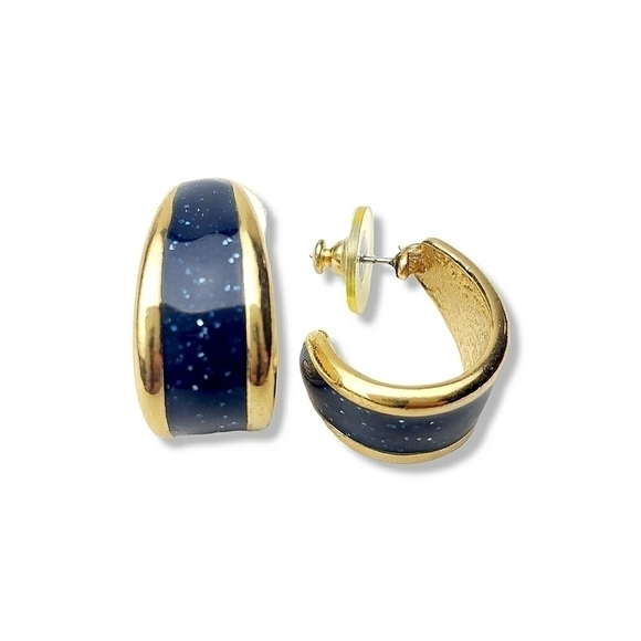 Vintage 90's Blue Enamel Hoops Earrings - Picture 1 of 6